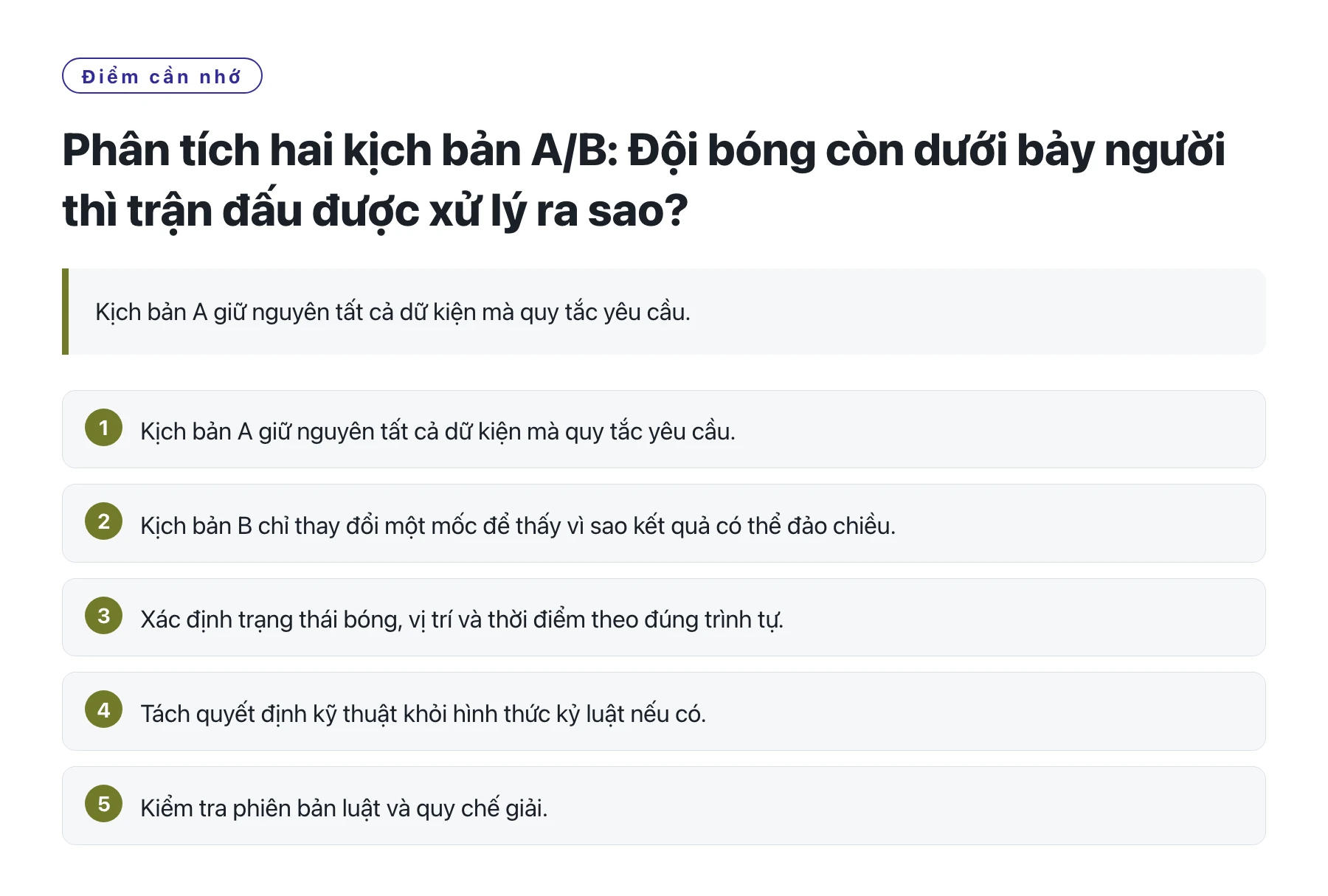 Phân tích hai kịch bản A/B: Đội bóng còn dưới bảy người thì trận đấu được xử lý ra sao?——全文要点速览